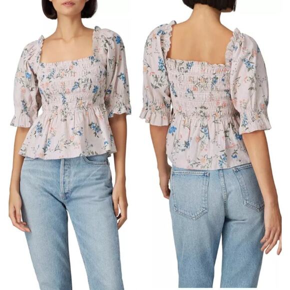 Saylor Clover Floral Puff Sleeve Square Neck Smocked Peplum Blouse Pink Womens S - Picture 1 of 8